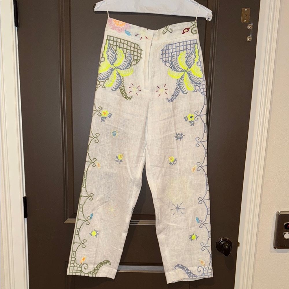 Embroidered White Linen Pants